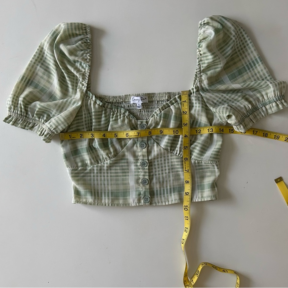 Emory Park Green Plaid Puff Sleeve Crop Smocked Back Spring Trendy Size Small - Picture 5 of 6